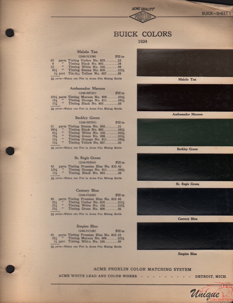 1934 Buick Paint Charts Acme 1
